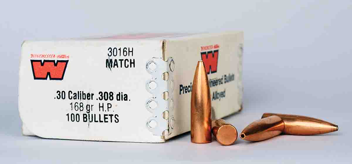 These 168-grain flat base HP match bullets were the most accurate projectiles Mike has ever tried in his Shilen-barreled bolt action.